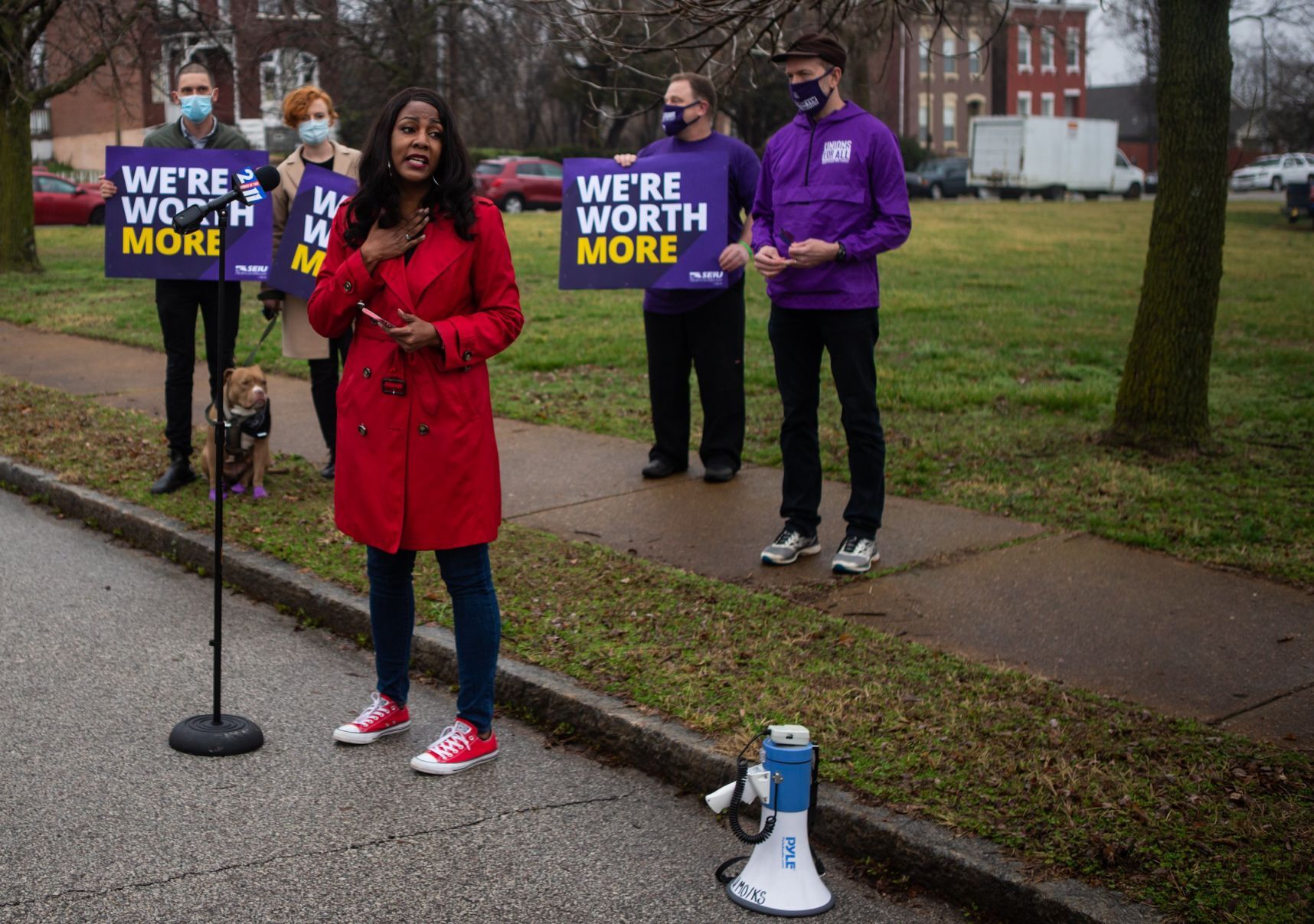 Protesters gather outside Blue Circle Rehab and Nursing
